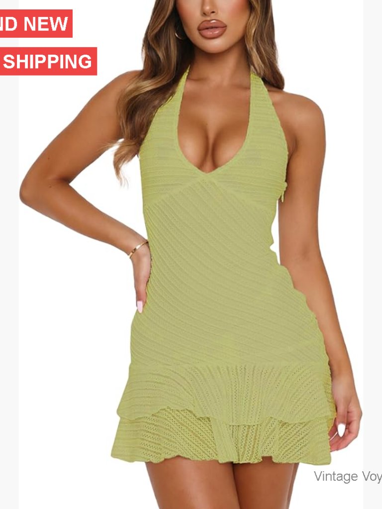 Sexy Halter Backless Bodycon Mini Dress With Ruffle Hollow Out Design